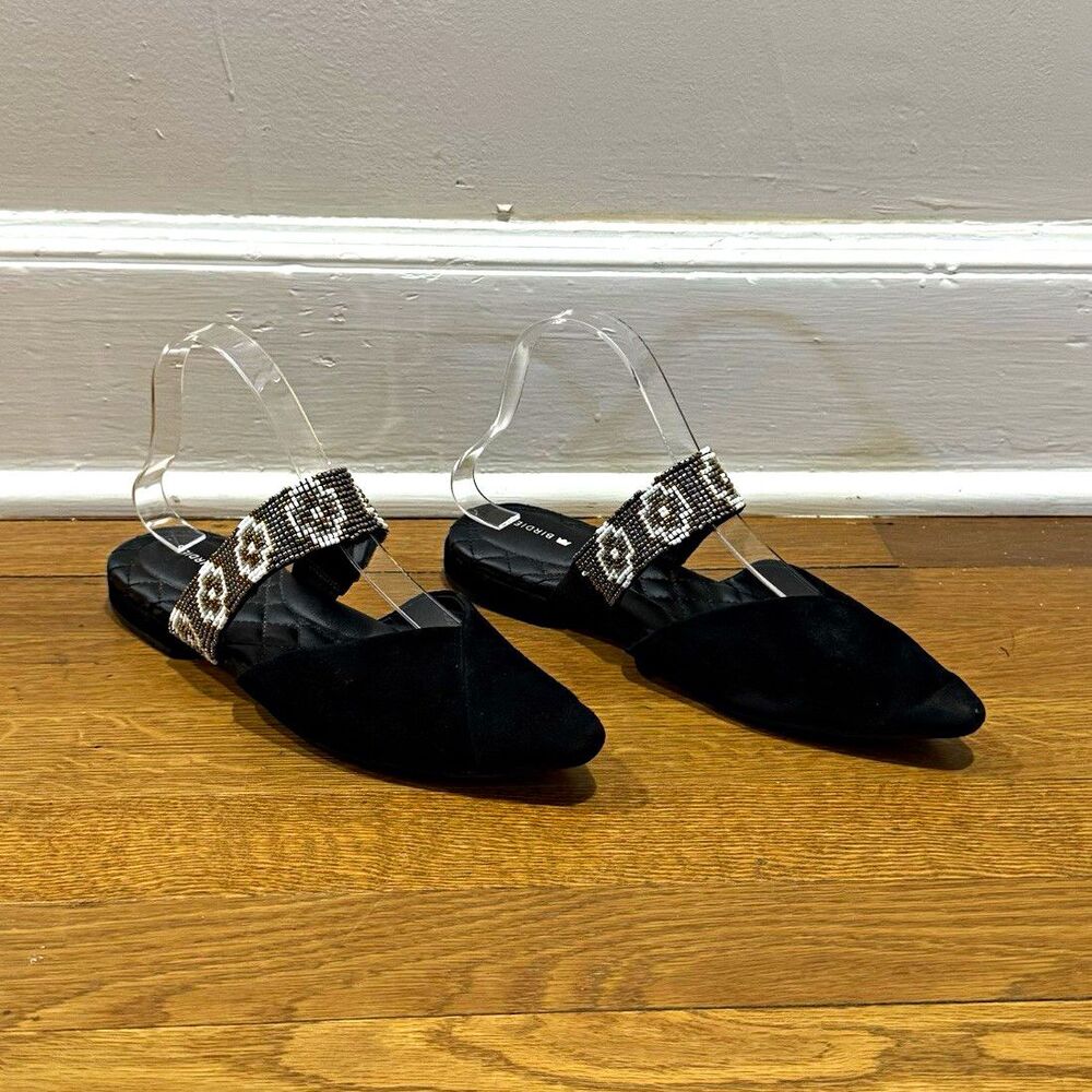 Birdies Black Velvet Velour Embroidered Pointed Toe Mules Slip On Womens Sz 7